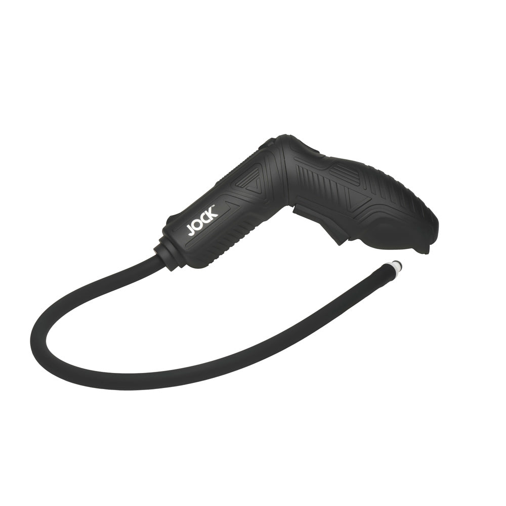 Black automatic penis pump with a silicone hose and "JOCK" logo.
