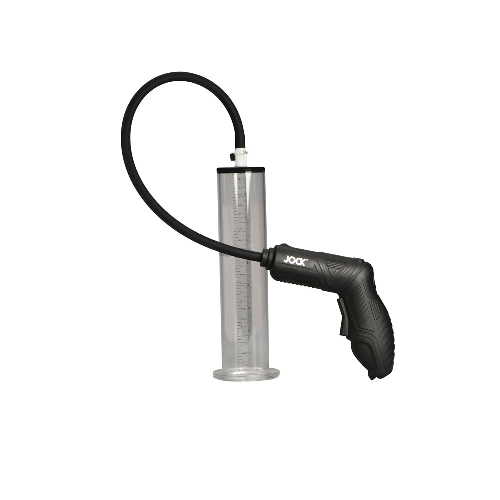 Automatic penis pump with clear cylinder and black hose.
