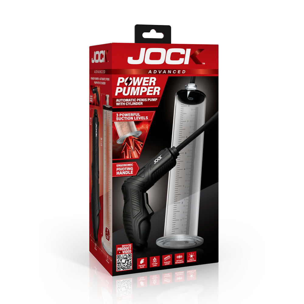 Jock Power Pumper automatic penis pump with cylinder and pivoting handle.