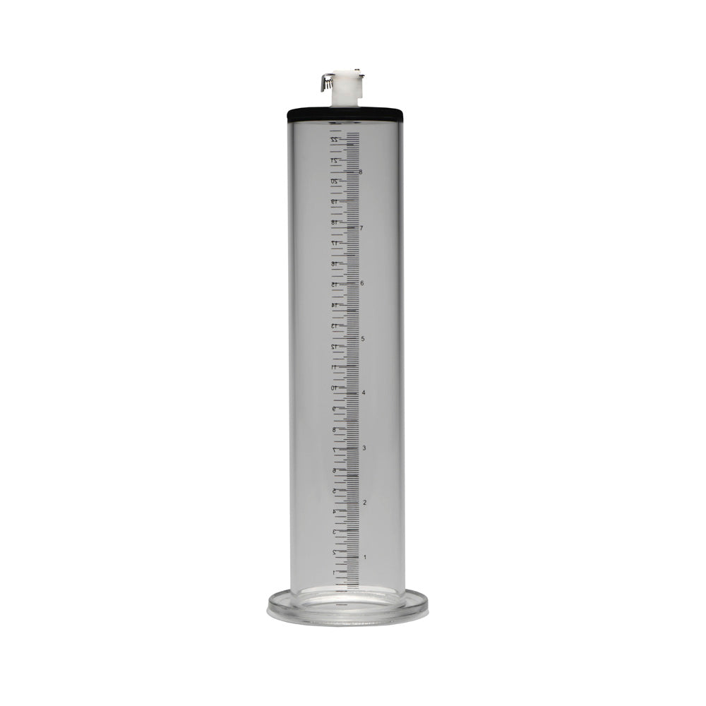 Clear acrylic penis pump with measurement markings and a black cap.