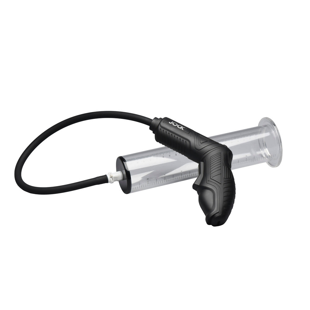 Automatic penis pump with black handle and clear cylinder.