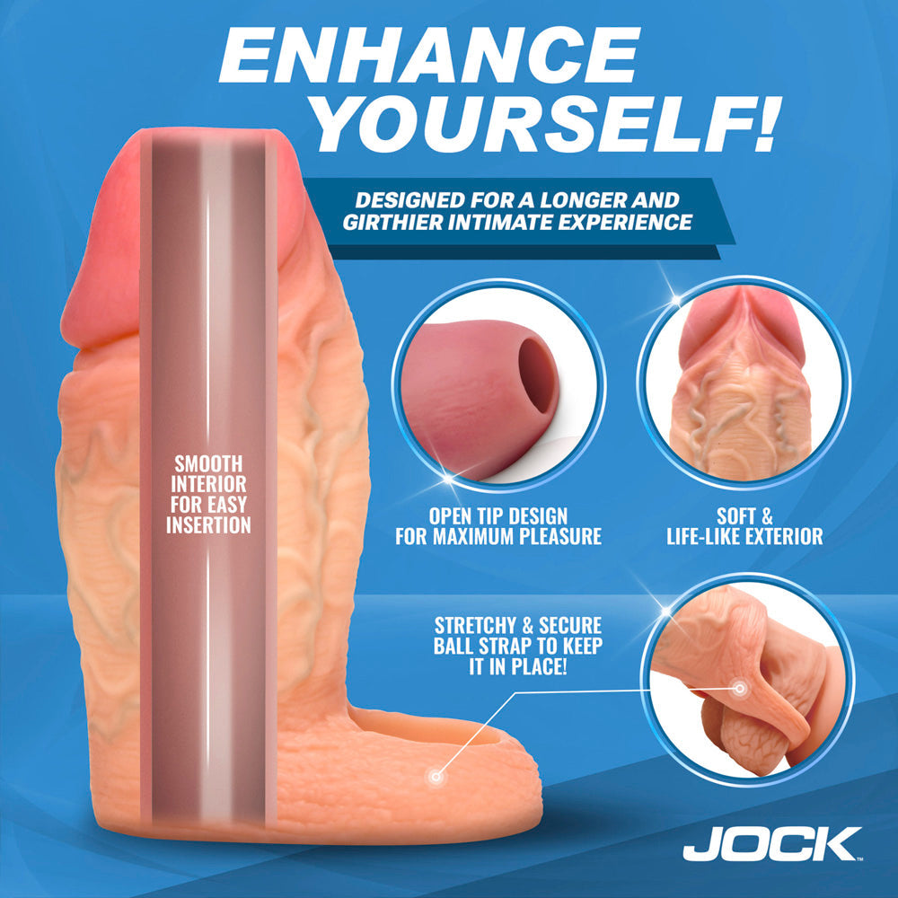 Silicone penis extension sleeve with ball strap and realistic texture.