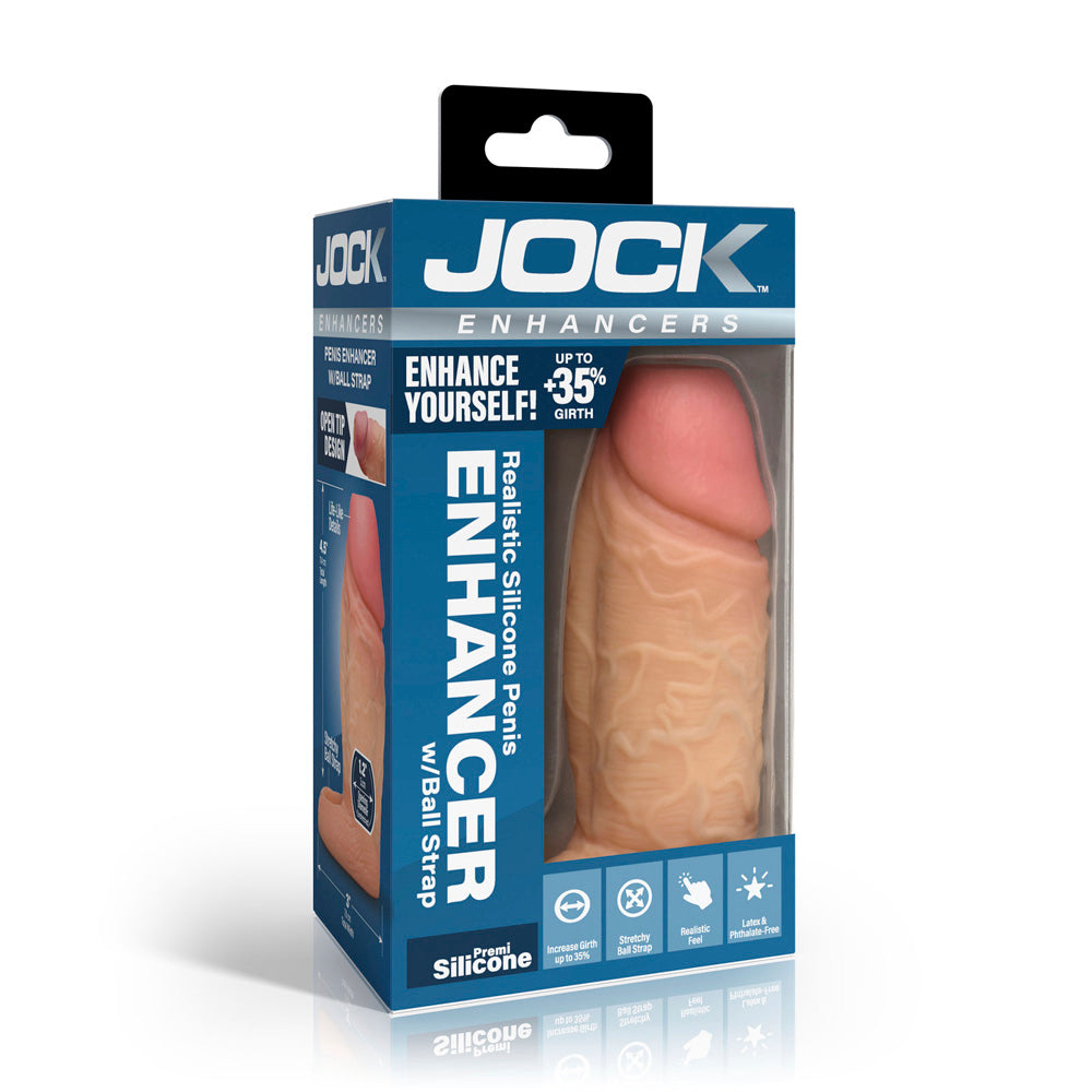 Silicone penis extension sleeve with ball strap in light color, packaged in a clear box.