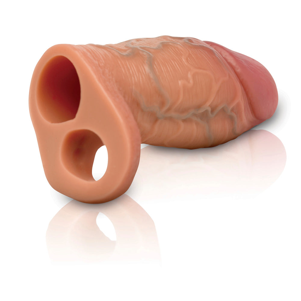Tan silicone penis extension sleeve with a realistic vein texture and dual openings.