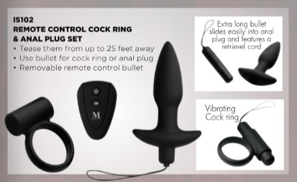 Black silicone remote-controlled cock ring and anal plug set.