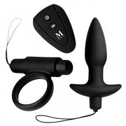 Black silicone remote-controlled cock ring and anal plug set.