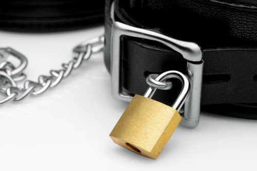 Black leather wrist cuffs with a silver buckle and a brass padlock.