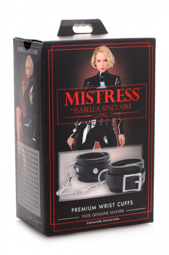 Black leather wrist cuffs with locking buckles and a chain.