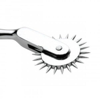 Stainless steel Wartenburg wheel with rotating sharp pins.