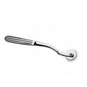 Stainless steel Wartenburg wheel with a ribbed handle and a rotating spiked wheel.