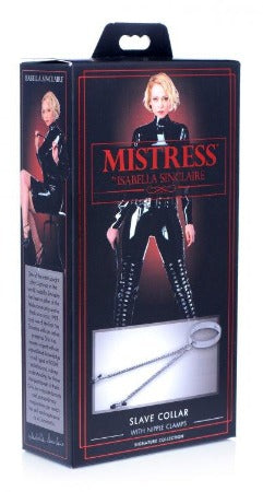 Chrome slave collar with nipple clamps from the Isabella Sinclaire Collection.