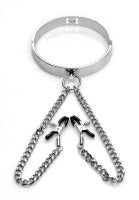 Chrome slave collar with two chains and nipple clamps.