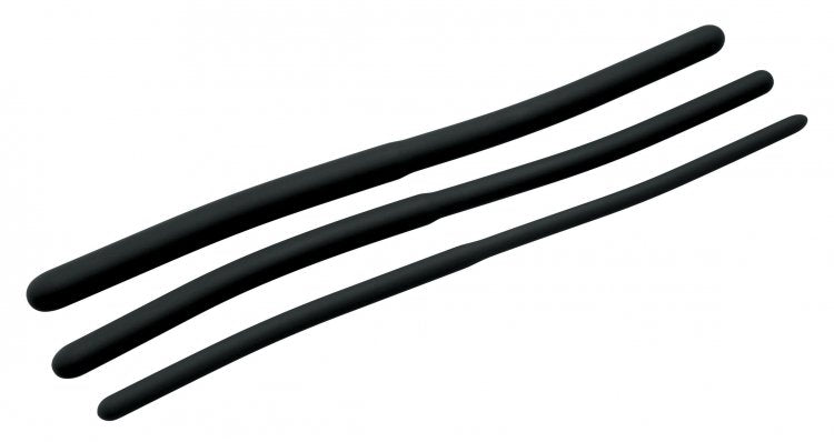 Silicone urethral sound trainer set with three flexible black rods.