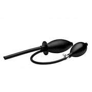 Black inflatable silicone enema butt plug with hand bulb.