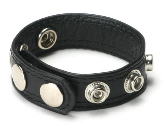 Black leather cock ring with silver snaps for adjustable fit.