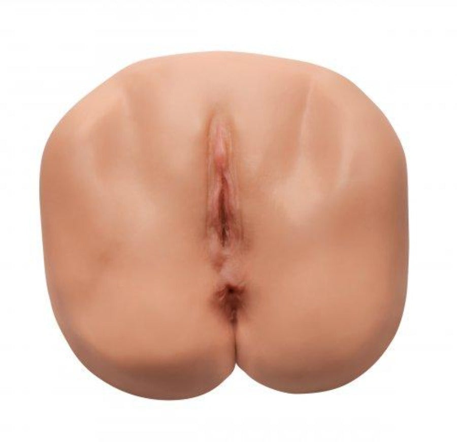 Realistic dual-channel stroker with lifelike flesh-toned texture and vulva entrance.