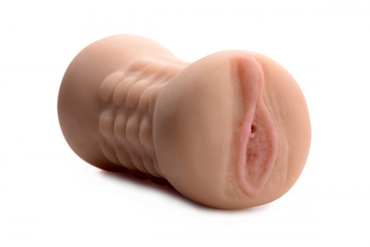 Realistic flesh-toned male masturbator with dual textured tunnels and nubbed interior.