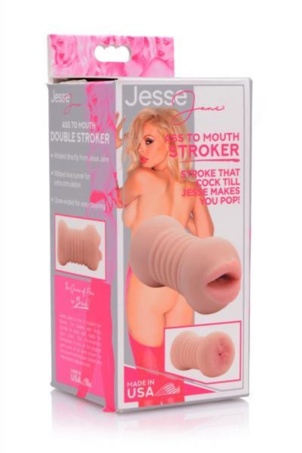 Jesse Jane double-ended male stroker with ribbed texture.