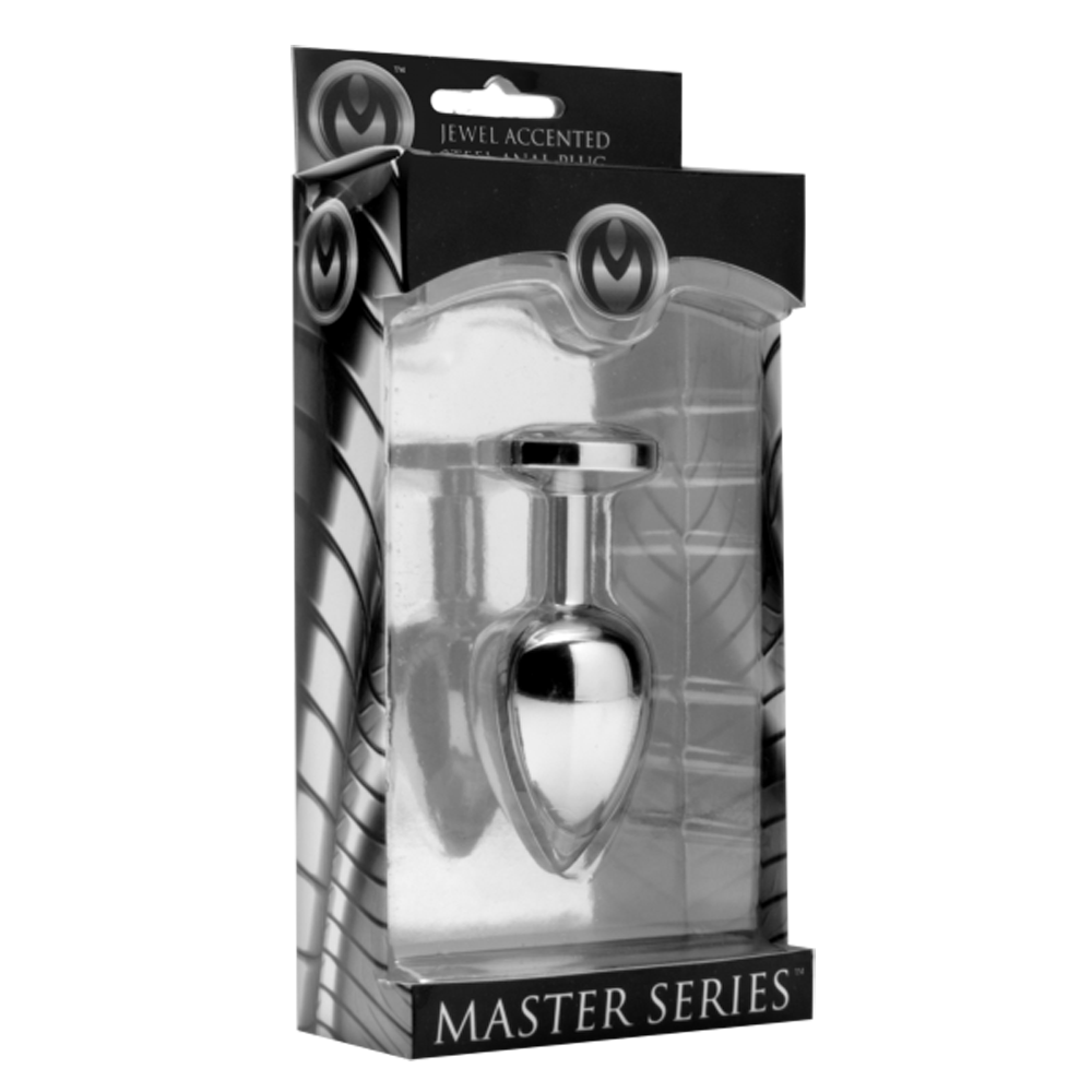 Small chrome steel anal plug with jewel accent in packaging.