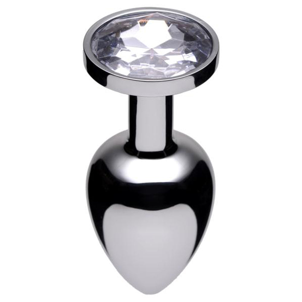 Small chrome steel anal plug with a jewel-like accent.
