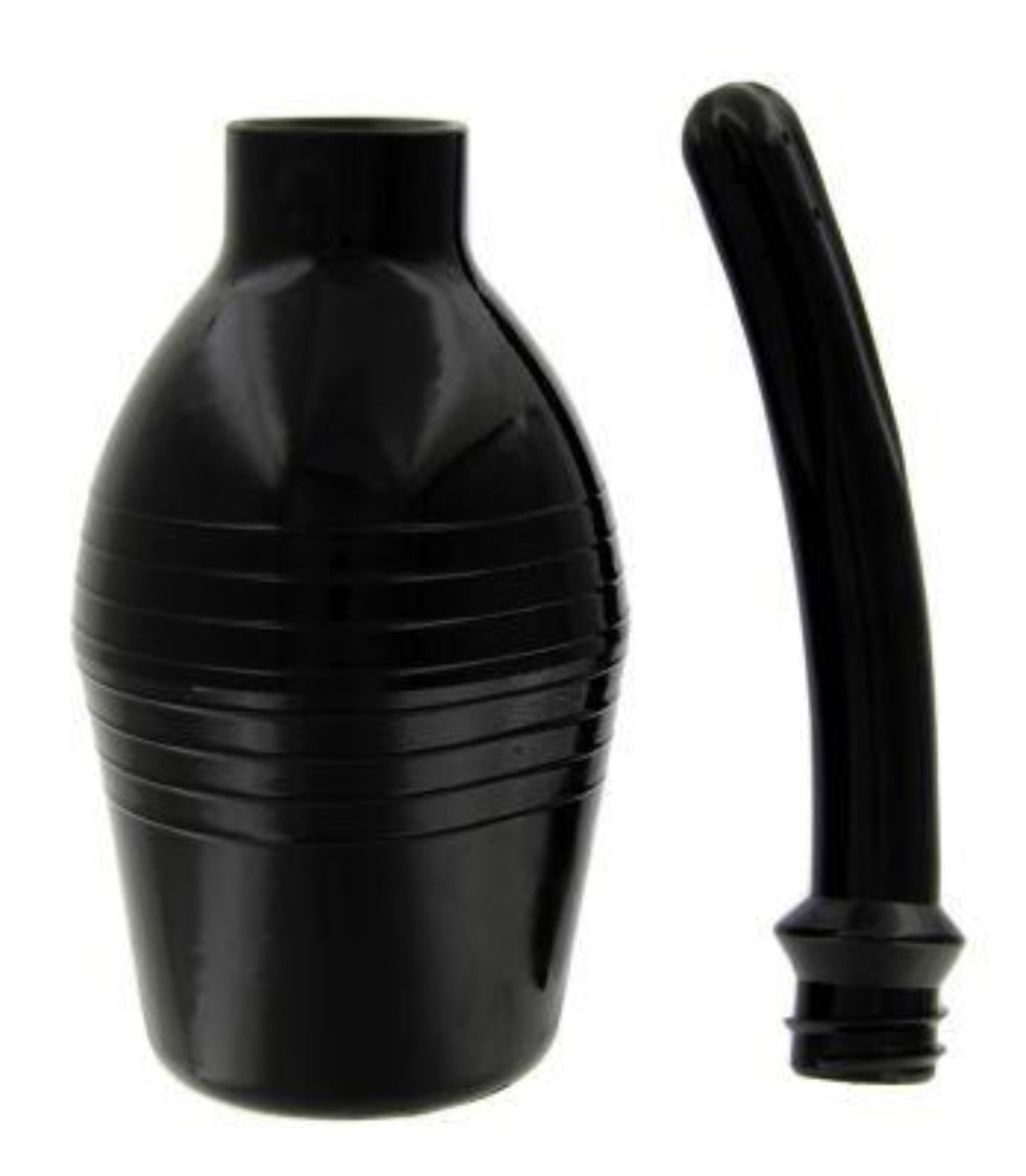 Black silicone enema bulb with a flexible tip.