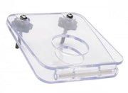 Clear acrylic board with a circular opening and two wingnuts.
