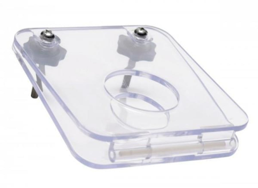 Clear acrylic board with a circular opening and two wingnuts.