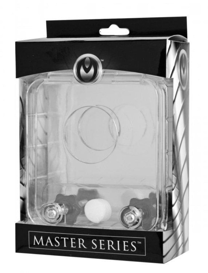 Clear acrylic board with wingnuts and a white ball.