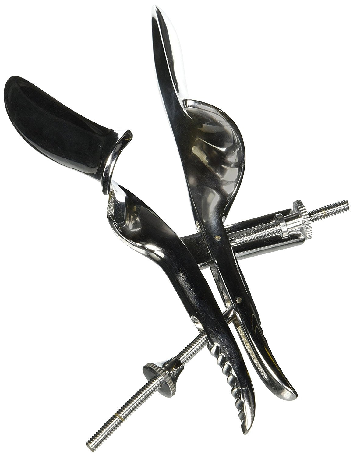 Adjustable polished steel Miller speculum with a black handle.