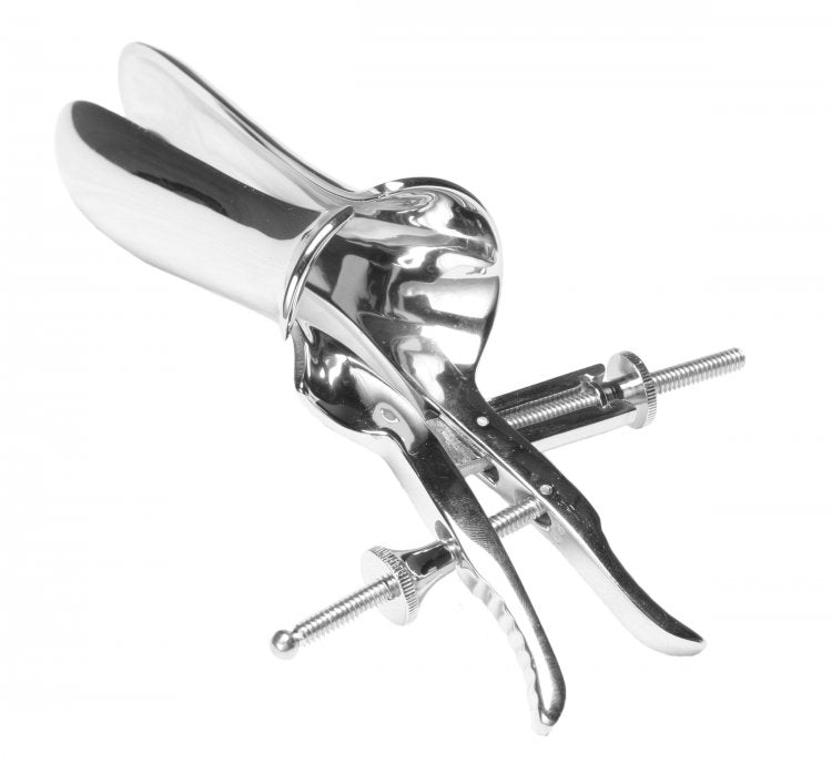 Adjustable polished steel Miller speculum with screw mechanism.