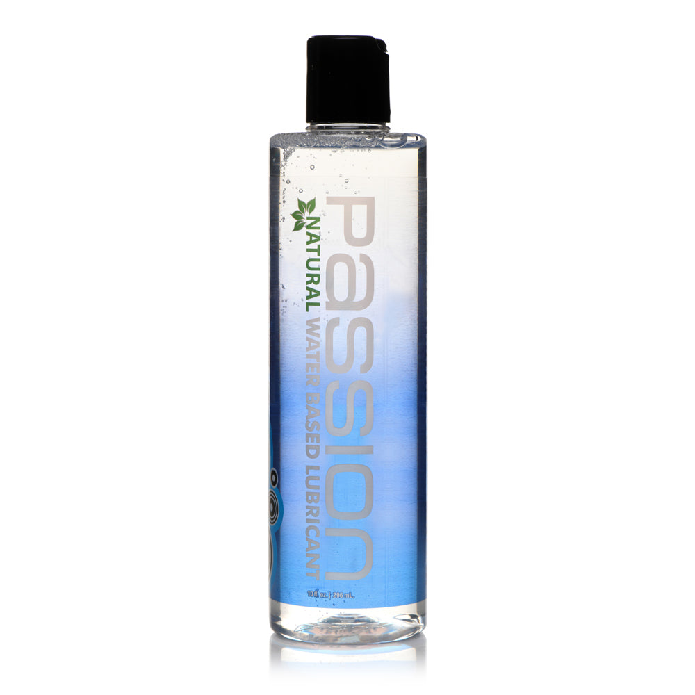 Clear bottle of Passion Natural Water Based Lubricant with a black cap.