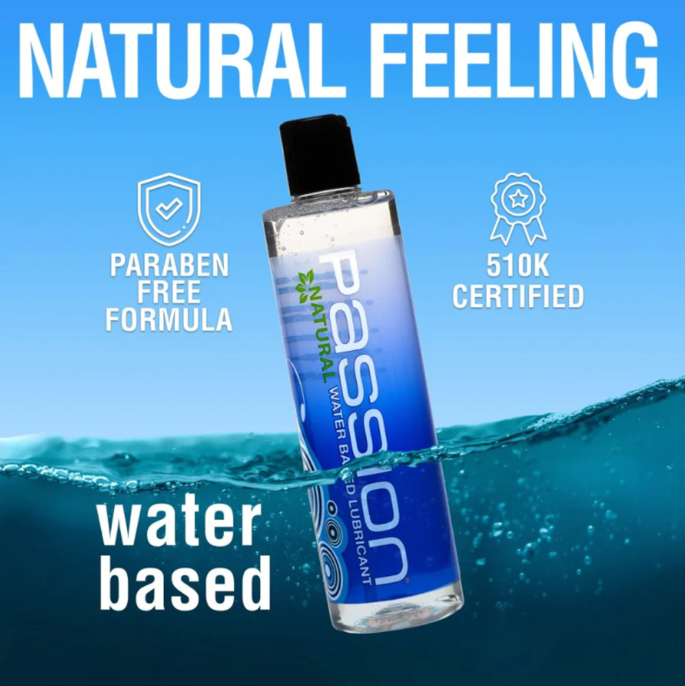 A bottle of Passion Natural Water-Based Lubricant with "Paraben Free Formula" and "510K Certified" labels.