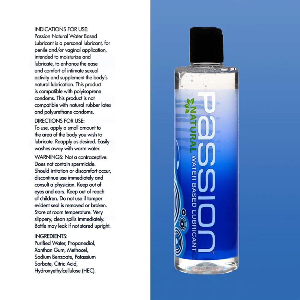 A clear bottle of Passion Natural Water Based Lubricant with a blue gradient label.