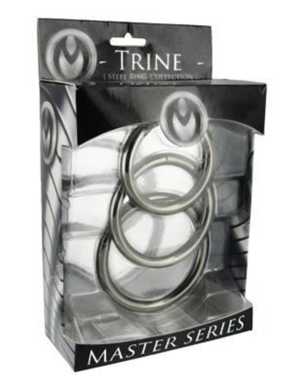 Trine Steel Cock Ring Set with three rings in a clear plastic package.