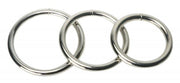 Three interlocking steel rings on a white background.