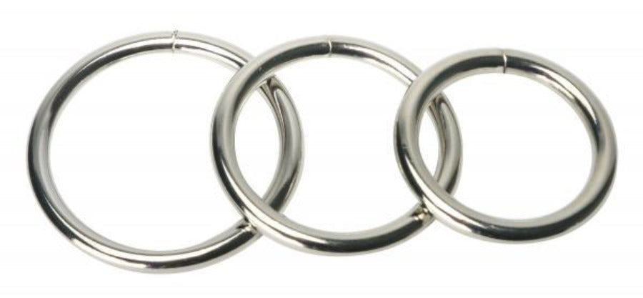 Three interlocking steel rings on a white background.
