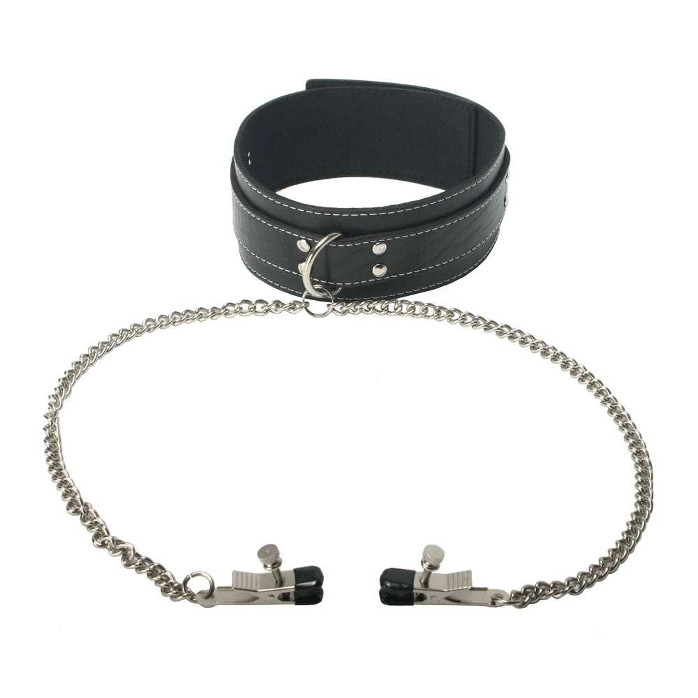 Black leather collar with a chain and two adjustable nipple clamps.