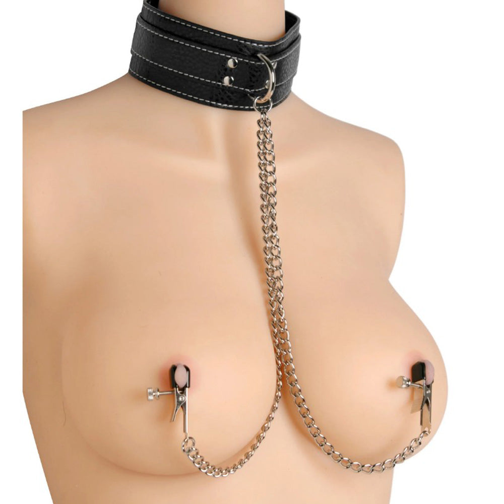 Black leather collar with chain-linked adjustable nipple clamps on a mannequin.