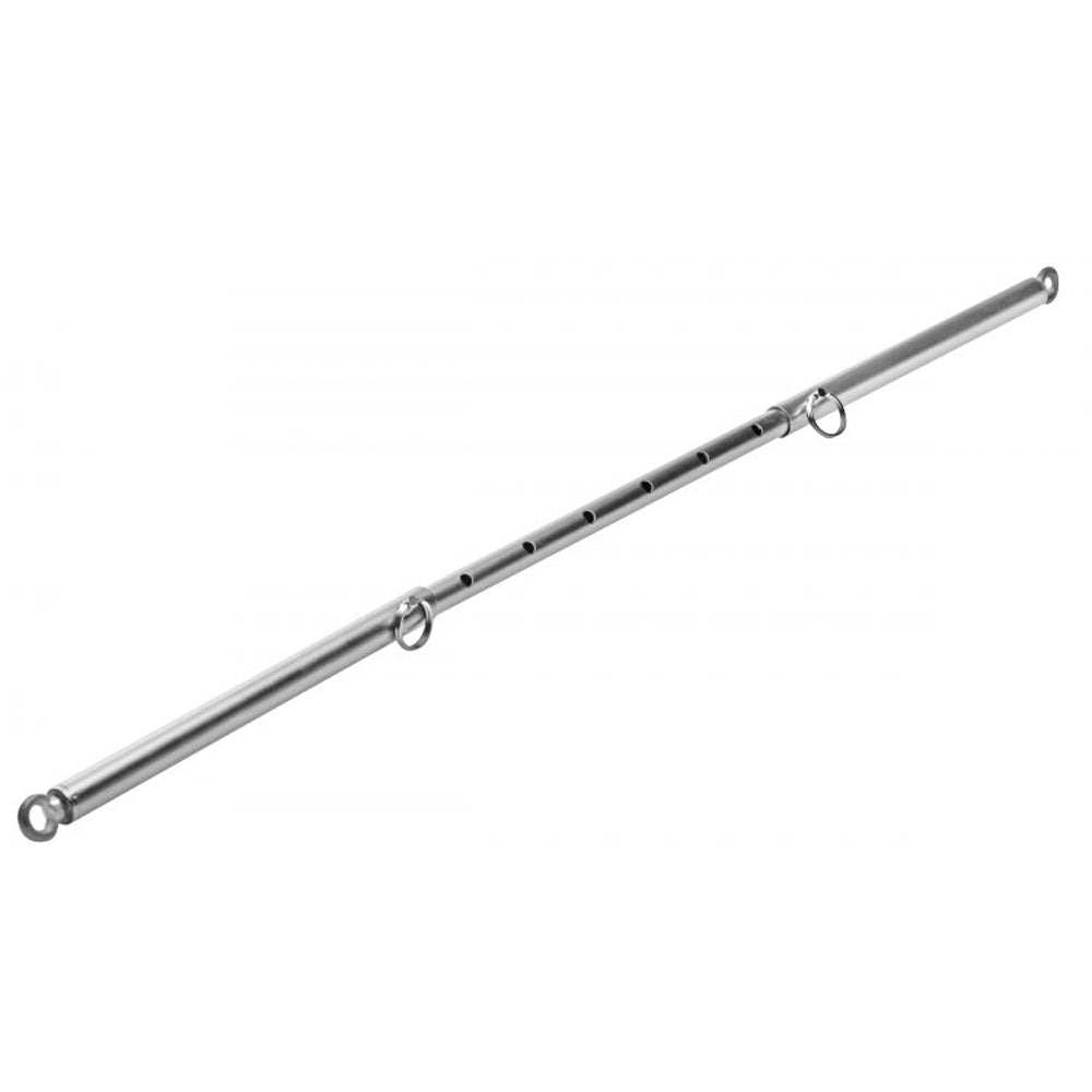 Adjustable steel spreader bar with multiple holes and attachment rings.