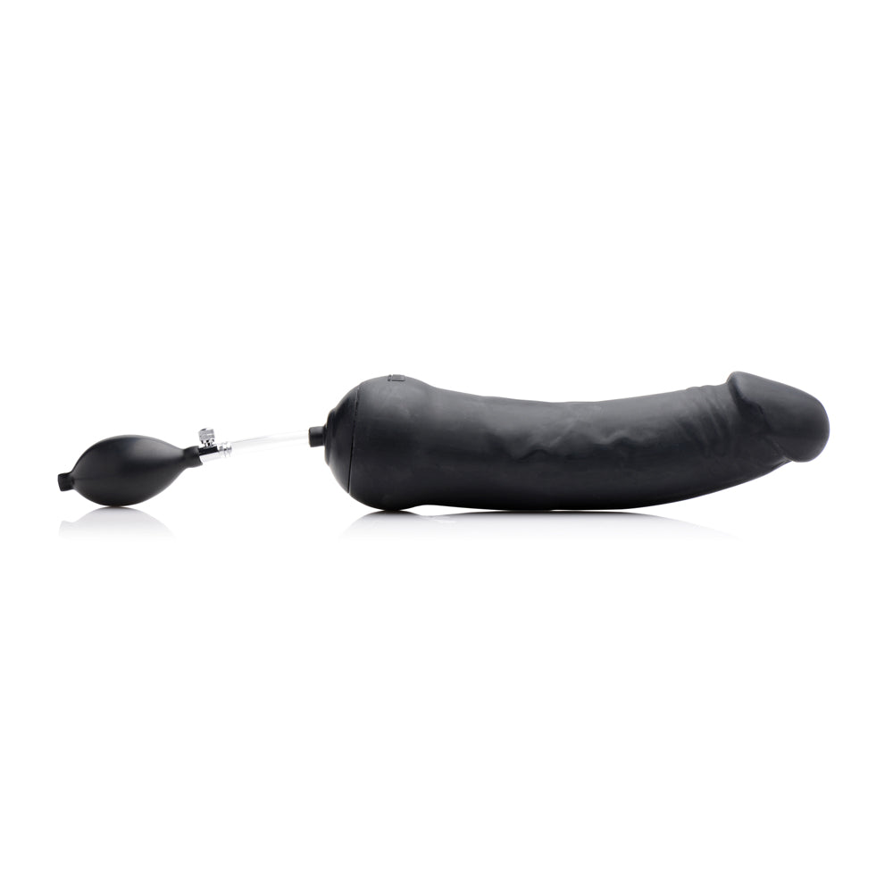 Black inflatable silicone dildo with textured shaft and pressure valve.
