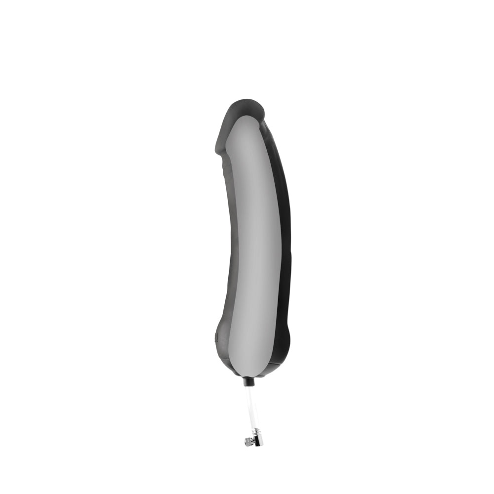 Inflatable black silicone dildo with textured surface and pressure valve.