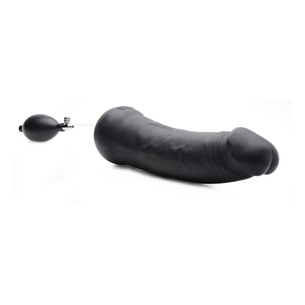 Black inflatable silicone dildo with a pressure valve.