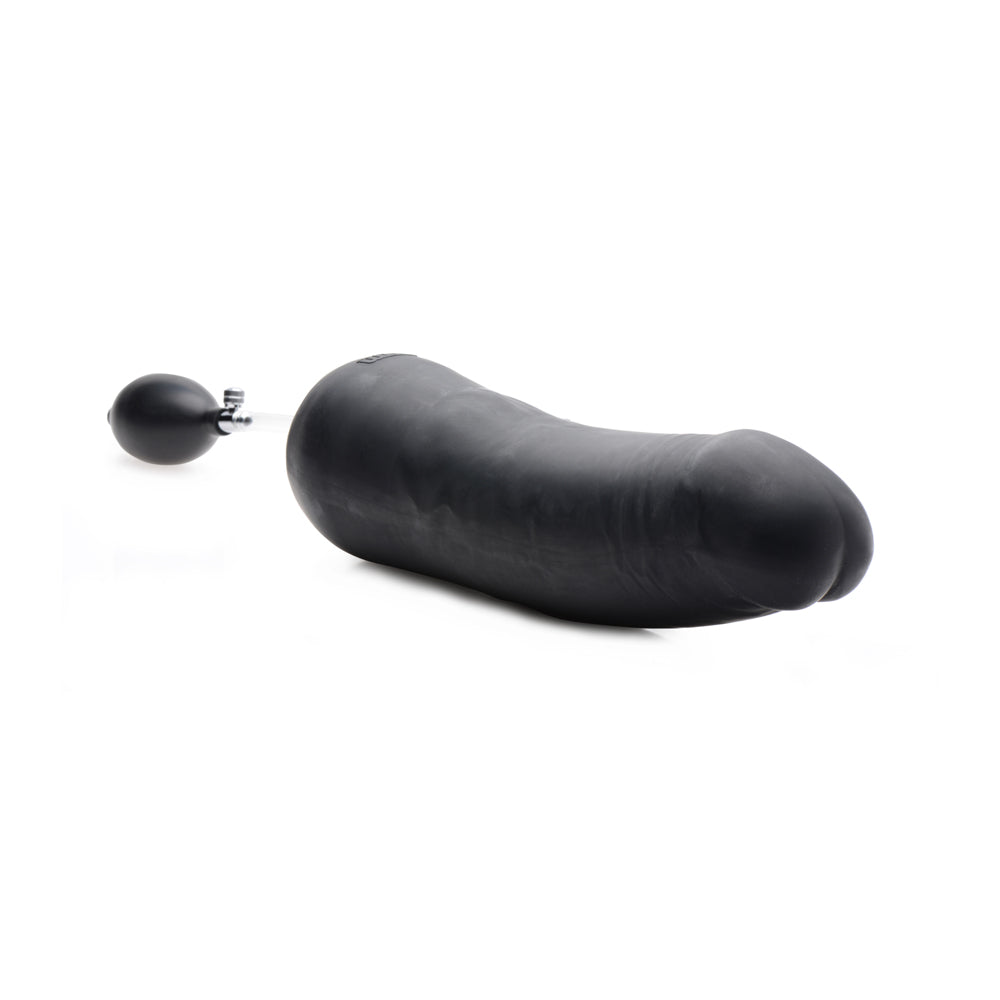 Black inflatable silicone dildo with a textured shaft and pressure valve.