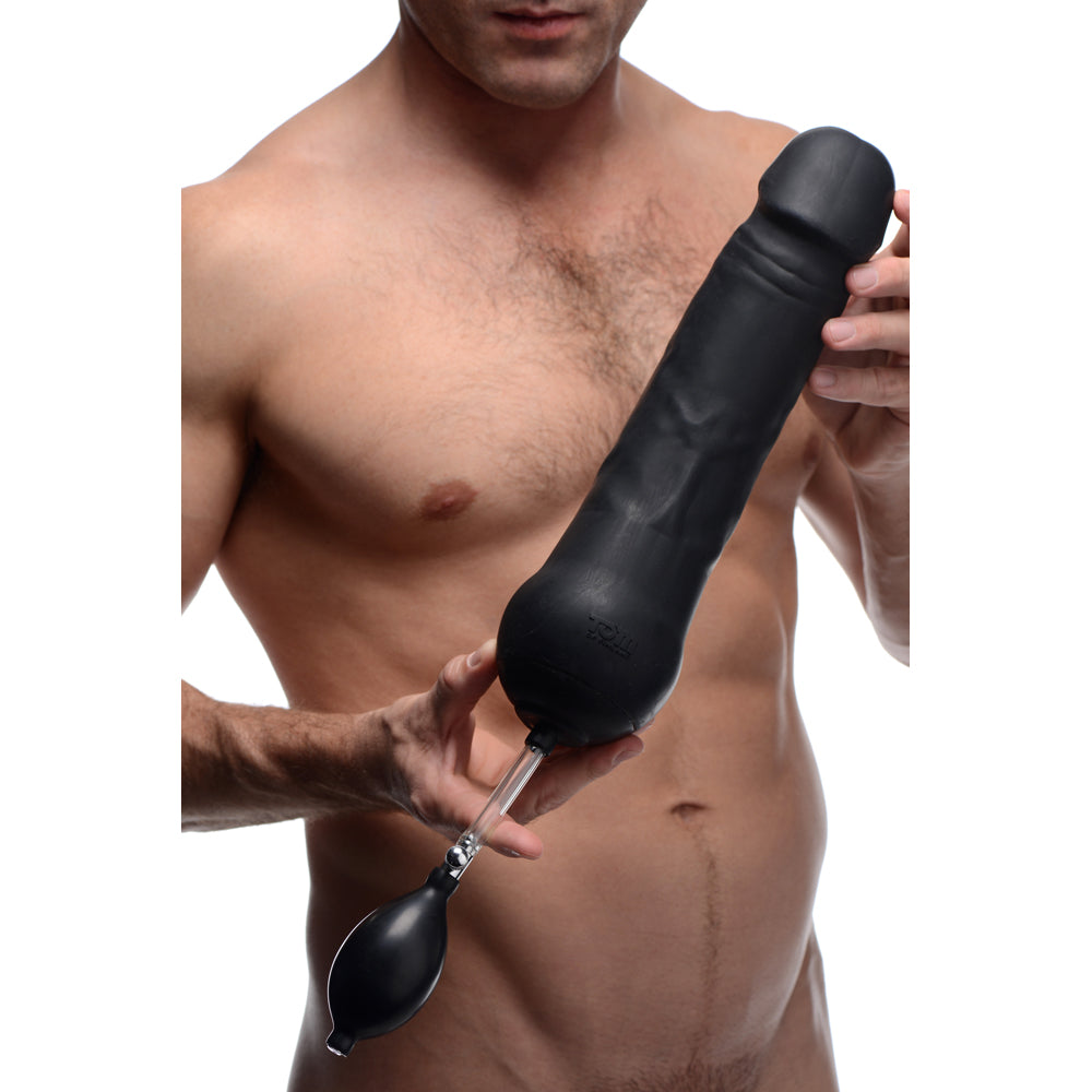Inflatable black textured silicone dildo with pressure valve.