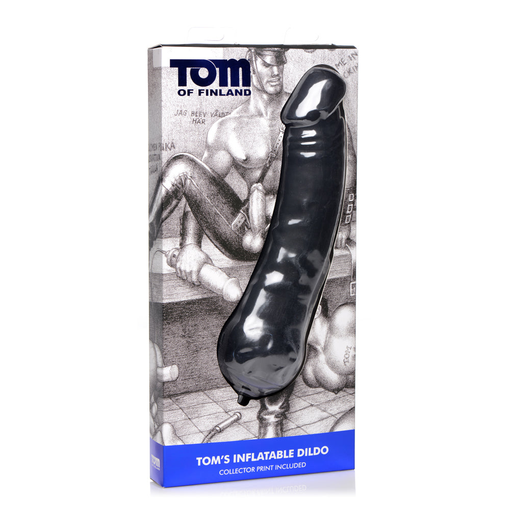 Black inflatable silicone textured dildo in box with Tom of Finland artwork.