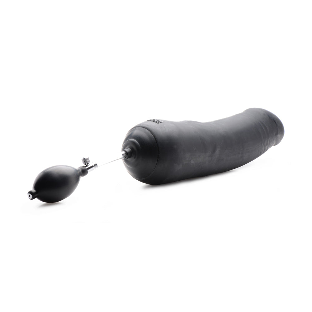 Black inflatable silicone dildo with a pressure bulb and valve.