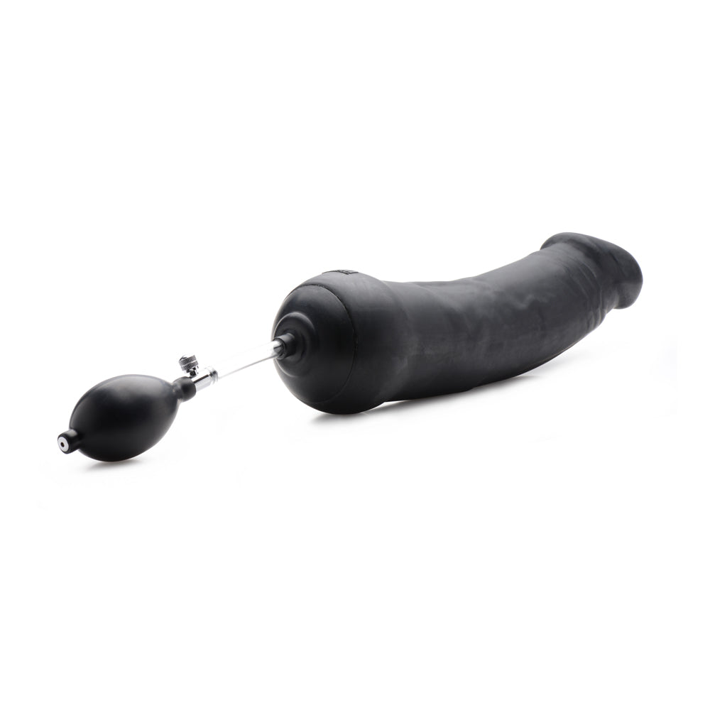 Black inflatable silicone dildo with textured shaft and pressure bulb.