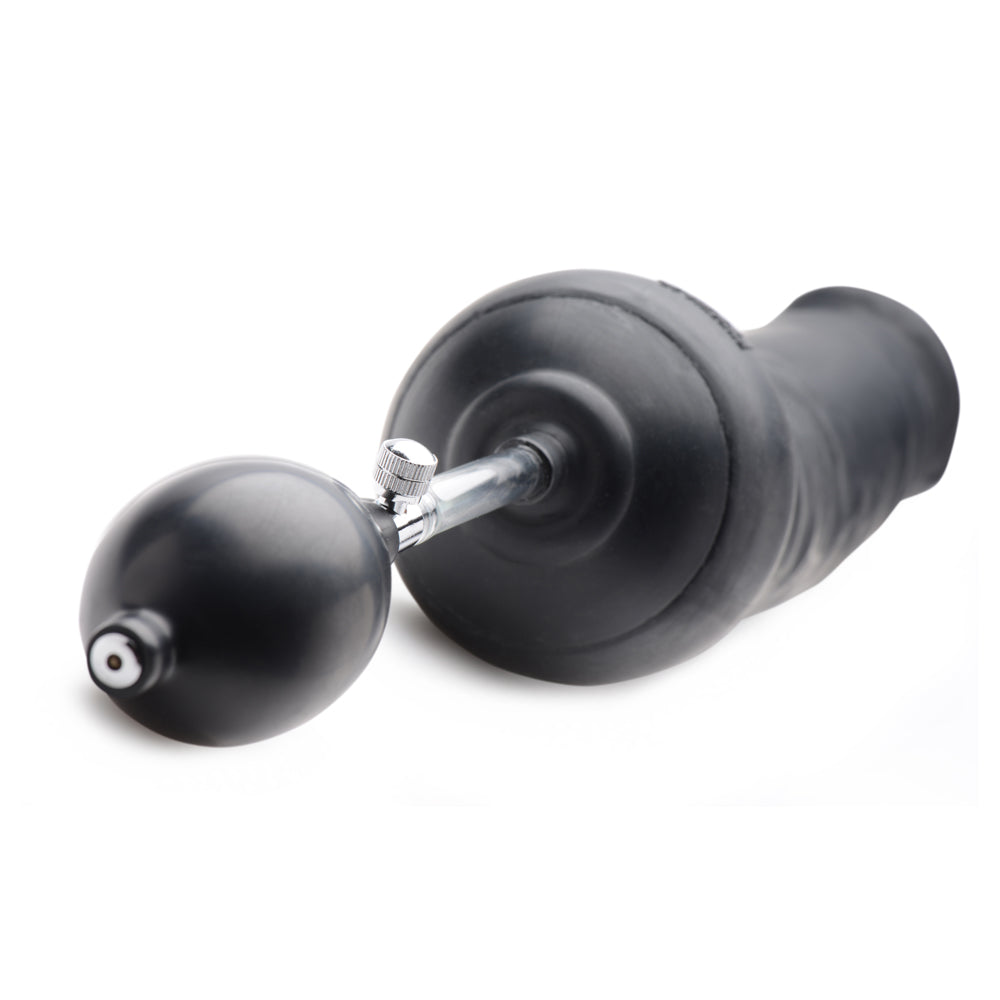 Black inflatable silicone dildo with textured surface and pressure valve.