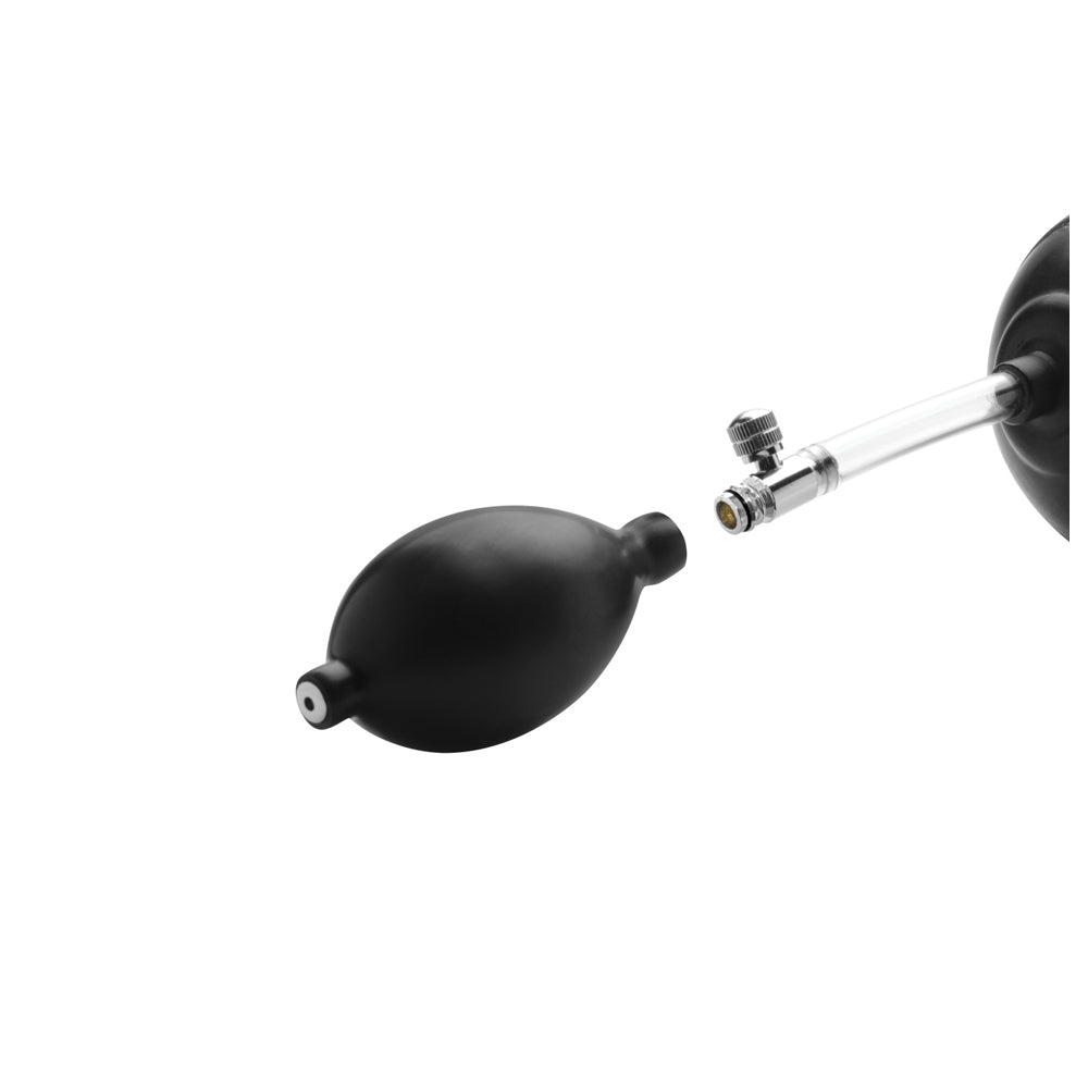 Black inflatable silicone dildo with a pressure valve.