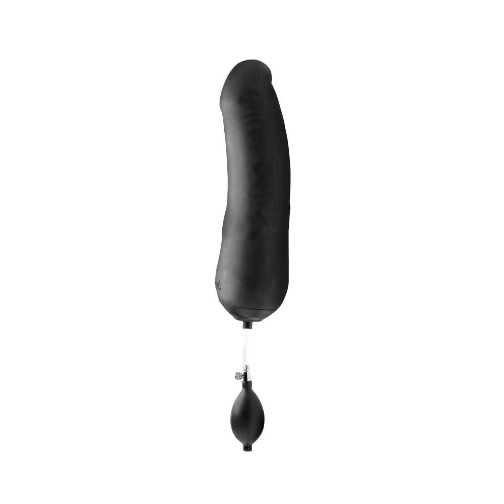 Black inflatable silicone dildo with a textured shaft and pressure valve.